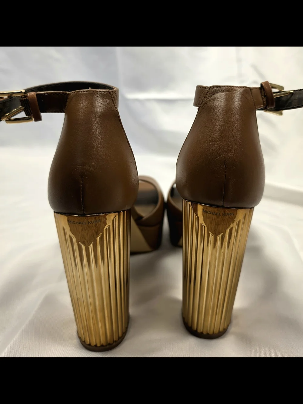 Michael Kors Brown Leather Platform Sandals with Gold Block Heel